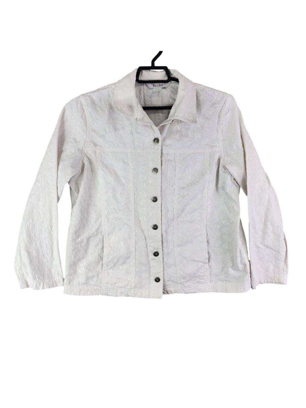 Women TanJay White 100% Cotton Floral Embroidered Jacket Button Down Size 14